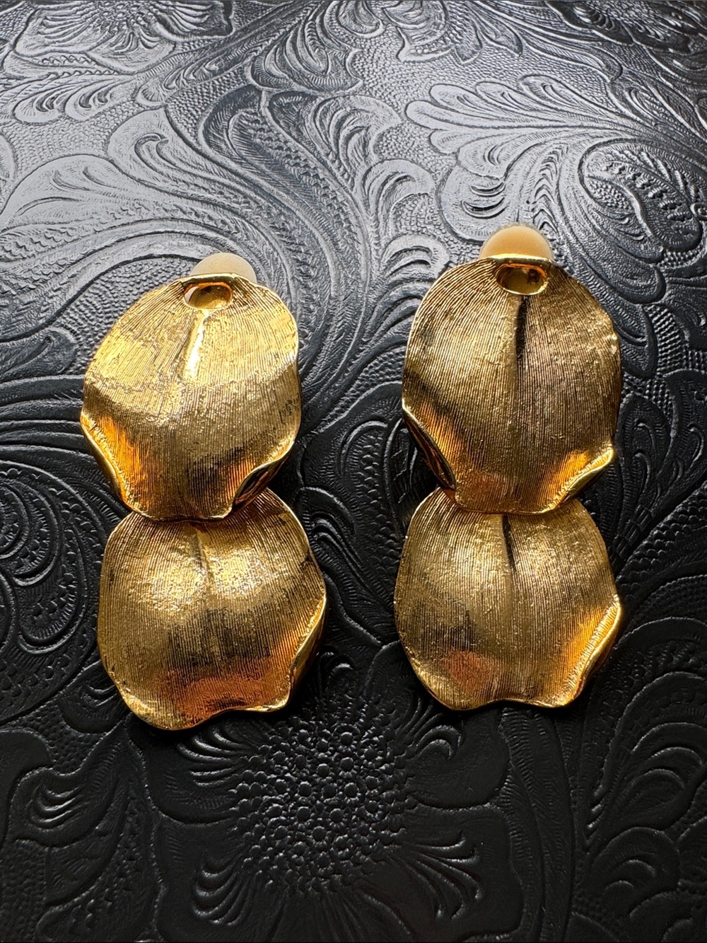 Textured Gold Double Petal Drop Earrings - Women Jewelry